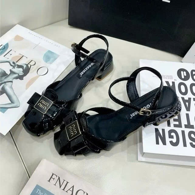 Dép Xăng Đan Mũi Rọ Nơ Min, Giày Sandal Nữ Mũi Tròn Đế Vuông 3cm, 5cm Da Bóng Hottrend - Cin Shoes