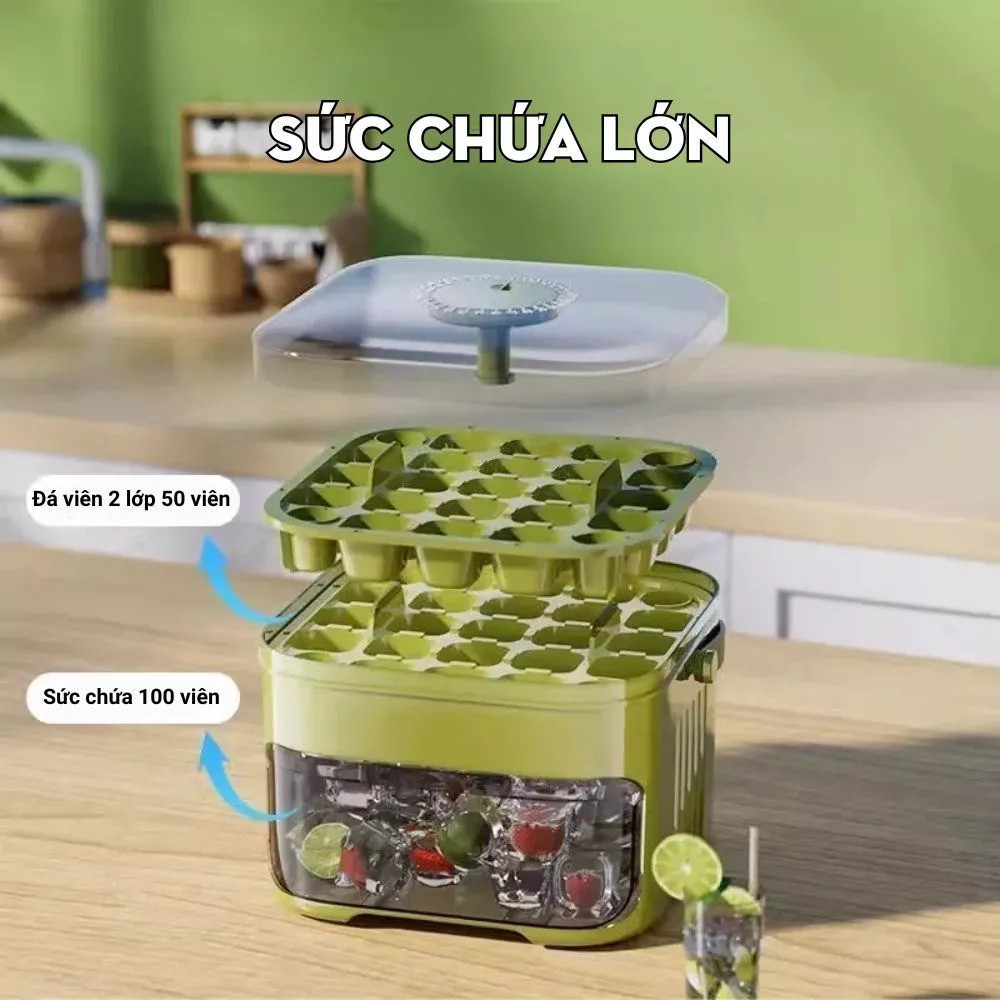 Hộp Khay Làm Đá Thông Minh Nhấn Nút Lấy Đá Dễ Dàng, Kèm Hộp Đựng 2 Tầng Có Tay Cầm Tiện Lợi