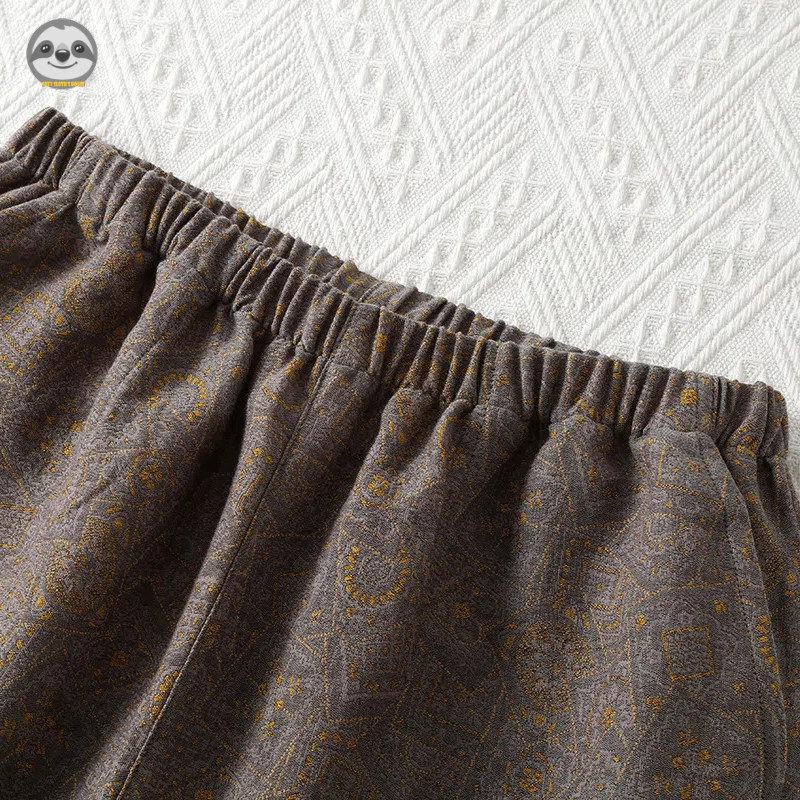 Phong cách Nhật Bản Muji Style - Bộ đồ ngủ ngắn tay Cotton nguyên chất dành cho nam Retro Jacquard - Quần áo gia đình mỏng có thể mặc bên ngoài