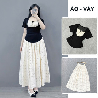 Set Bigsize nữ 2 món áo kiểu cổ vuông  phối chân váy chấm bi dáng dài dễ thương tiểu thư cho nàng Chuppy (G264+CV422)