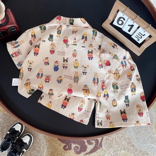 Bộ áo sơ mi mỏng cho bé trai mùa hè, phong cách Hàn Quốc, in hình hoạt hình, tay ngắn và quần short, bộ hai mảnh