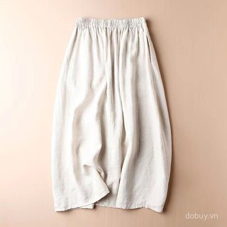 2022 Mùa hè mới, váy midi ống loe thêu màu đồng nhất bằng cotton lanh vintage cho phụ nữ