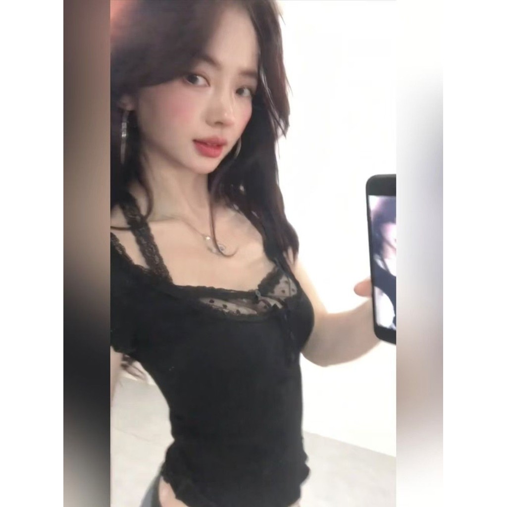 Milyfashion Đen Khâu Ren Top Mùa Hè Phong Cách Mới Slim-fit Ôm Hơn Nhìn Ngắn Tay Ngắn Ngắn Top