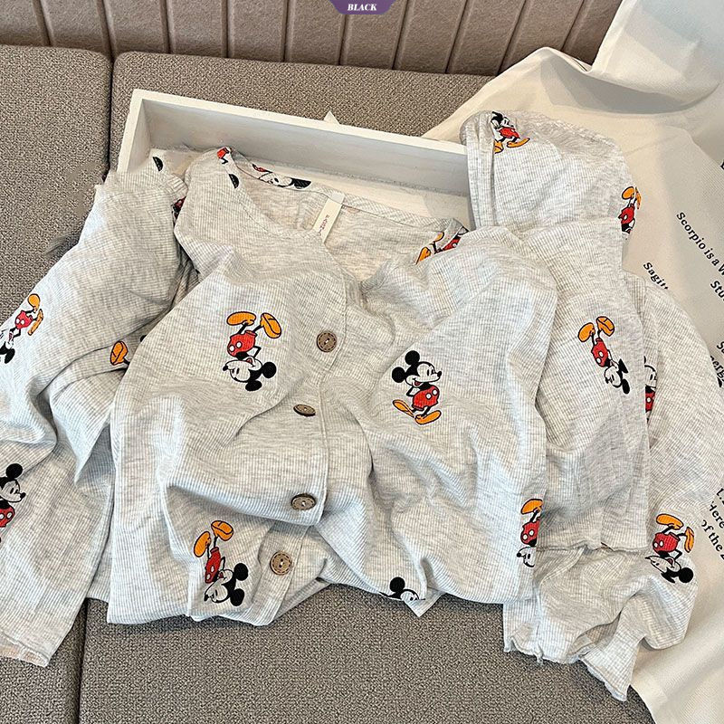 Màu xám Hoạt Hình Dễ Thương Mickey Áo Cardigan Tay Ngắn Bộ Đồ Ngủ Nữ Sinh Mùa Hè Quần Short Ký Túc Xá Homewear Suit [BL]