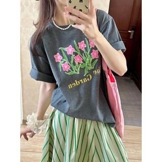 Đơn Cái / bộ Áo thun ngắn tay cổ tròn dáng rộng in màu xám + Dây thun cạp cao sọc phù hợp Bộ váy hàng ngày