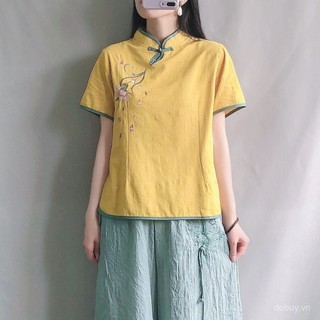 Áo blouse cài nút phong cách Trung Quốc cho phụ nữ, thêu cotton lanh, trang phục lấy cảm hứng từ châu Á cho phụ nữ, áo phong cách dân tộc