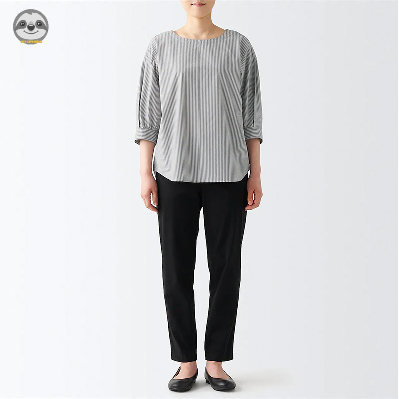 Phong cách Nhật Bản Muji Style / Áo kiểu cổ tròn nửa tay Cotton nữ / Áo sơ mi dáng rộng bằng lụa Cotton