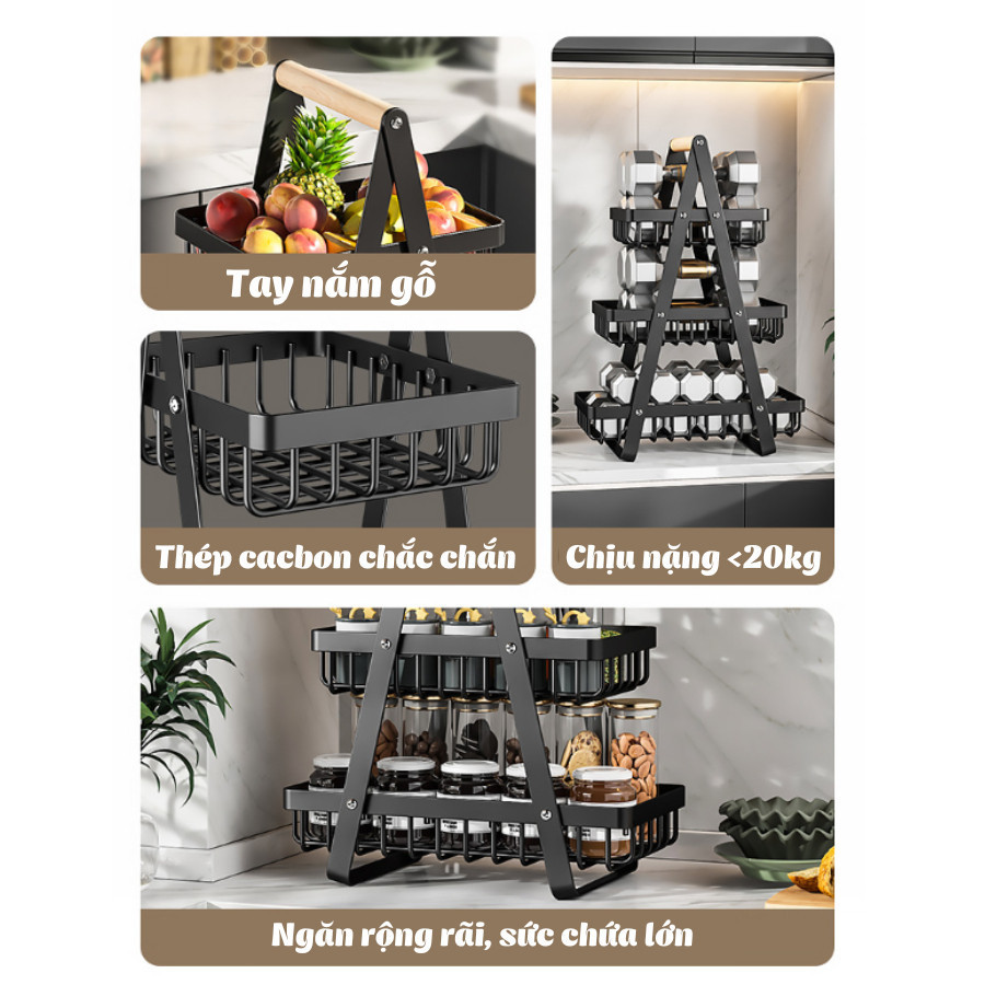 Kệ Đựng Đồ Nhà Bếp Đa Năng 3 Tầng, Giỏ Đựng Gia Vị, Trái Cây, Decor Đa Năng Thép Cacbon Cao Cấp DINOHOME