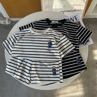 Bộ đồ cotton mùa hè cho trẻ em, áo thun ngắn tay thêu sọc và quần short hai mảnh cho bé trai và bé gái