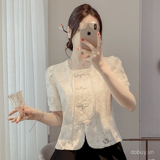 Áo sơ mi nữ phong cách Trung Quốc mới mùa hè tay phồng thêu ren nút Mandarin độc đáo