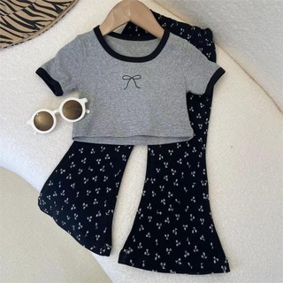 (1-8 tuổi) Bộ đồ phong cách công chúa ngọt ngào cho bé gái Nơ Áo thun ngắn tay loe quần ống rộng trang phục bé gái