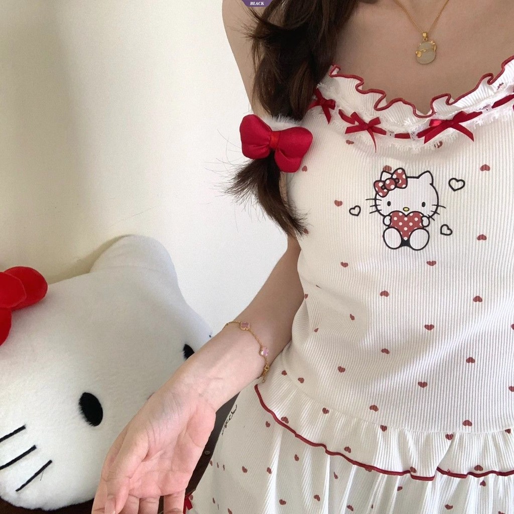 Pure Desire Sweet Hello Kitty Bộ Đồ Ngủ In Hình Nữ Mùa Hè mới Quần短裤无袖Homewear Suit [BL]