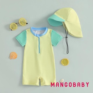 MG-Baby Boy Rash Guard Đồ bơi Bộ đồ tắm dài tay có khóa kéo màu tương phản dễ thương có mũ