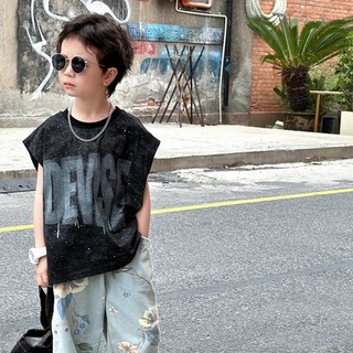 Mùa Hè Mỏng Phong Cách Bé Trai Áo Thun Không Tay Bé Trai In Chữ Áo Vest Top Trẻ Em Đính Kim Sa Lấp Lánh Áo Vest Thường Ngày
