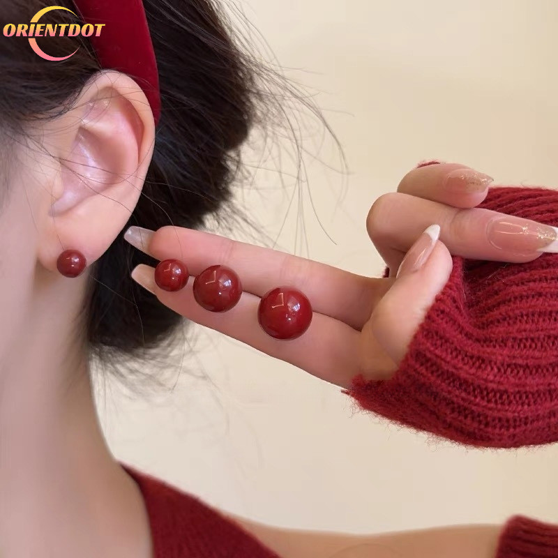 Bông tai tròn đậu đỏ phong cách INS Hàn Quốc tối giản sành điệu - Phụ kiện trang sức không gây dị ứng khí chất cao cấp