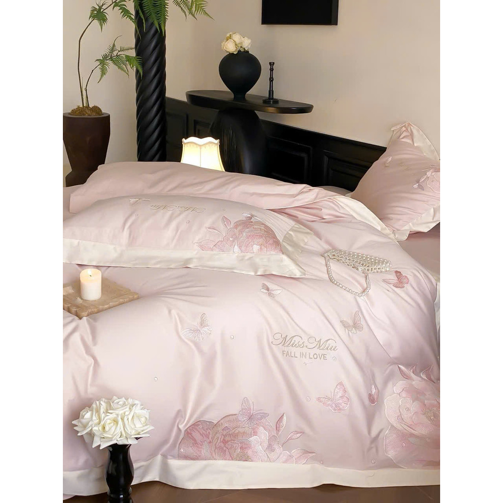 (L41530)Bộ Chăn Ga Gối Chất Liệu Cao Cấp Mềm Mại Tone Màu Dịu Dàng Thêu Họa Tiết Hoa Tinh Xảo - MemMinbedding Luxury