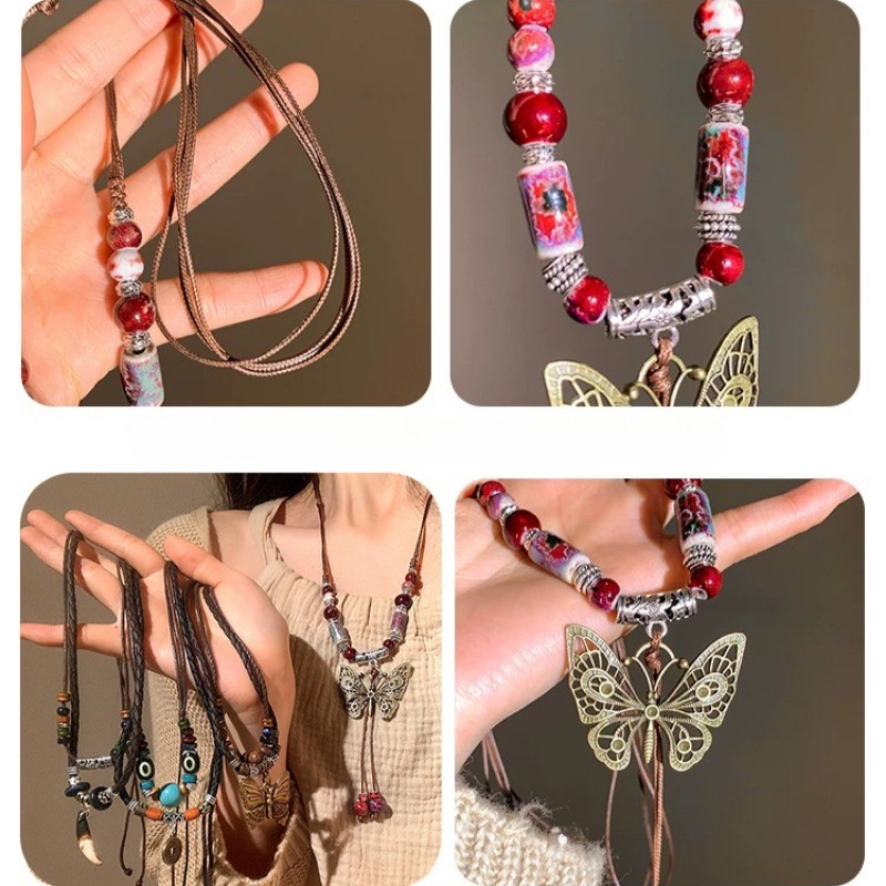 Vòng cổ retro boho cho phụ nữ, thiết kế bướm với đá đính nổi