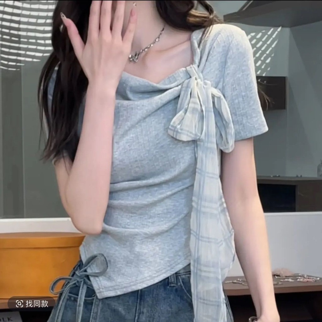 Mùa hè Cổ áo chéo không đều Ruy băng Nơ Áo thun ngắn tay Sli