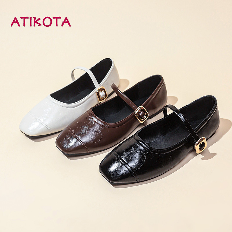 Atikota Retro Mary Jane Vuông Ngón Chân Khóa Phẳng Màu Trơn Đa Năng Slip Ons Nữ Size Lớn Thoải Mái Giày Thường Ngày