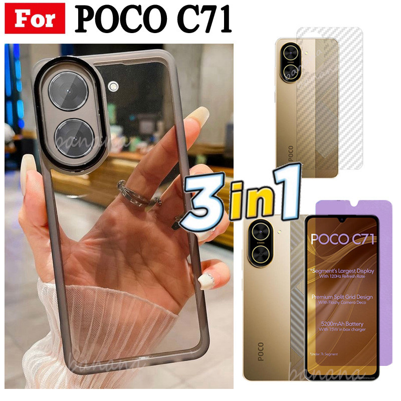 Vỏ điện thoại trong suốt bằng silicon mềm TPU 3 trong 1 Poco C71 có vỏ bảo vệ Camera + Kính cường lực bảo mật + Phim mặt sau