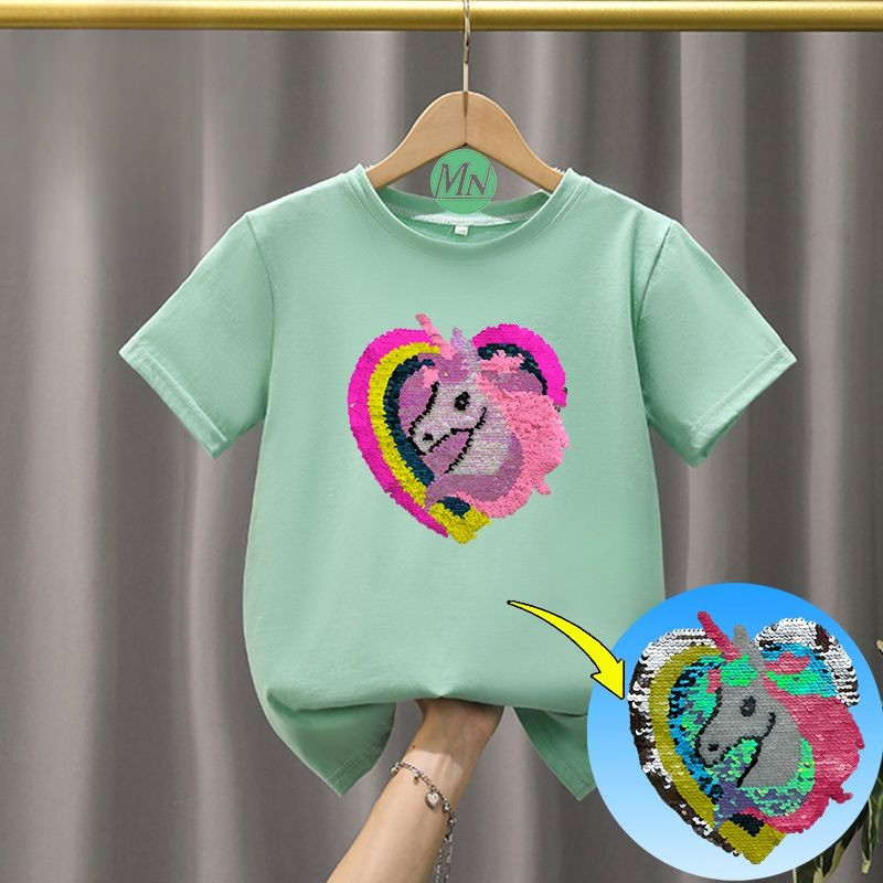 2025 Kỳ Lân Trái Tim Lật Sequin Áo Thun Cho Trẻ Em Bé Trai Bé Gái Hoạt Hình Mùa Hè Giả Tưởng Tee Top