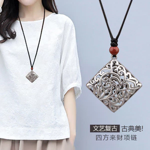Dây chuyền bạc Tây Tạng cổ điển cho phụ nữ, dây chuyền dài đa năng