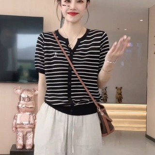 Phong Cách Mới Sọc Băng Lụa Ngắn Tay Áo Thun Nữ Rời Kích Thước Lớn Phù Hợp Với Sli