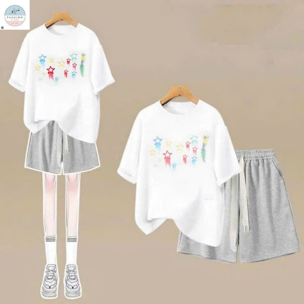 Sét Bộ quần đùi trơn + mix áo phông form rộng tay lỡ - hình ngôi sao-QUẦN ÁO 94