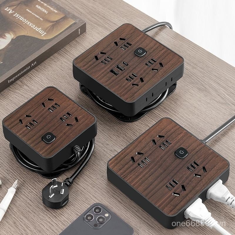 Dải nguồn rút lại họa tiết gỗ với nhiều ổ cắm, ổ cắm USB đa chức năng ...