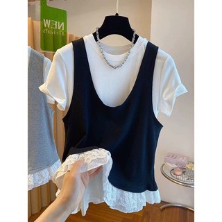 Size Lớn Top Nữ Áo Thun Cực Lớn + Áo Vest Top 100kg Ren Khâu Ngắn Tay Áo Thun Nữ Mùa Hè Giả Hai Mảnh Hàng Đầu Phiên Bản Hàn Quốc Lỏng Lẻo Quần Áo Nữ