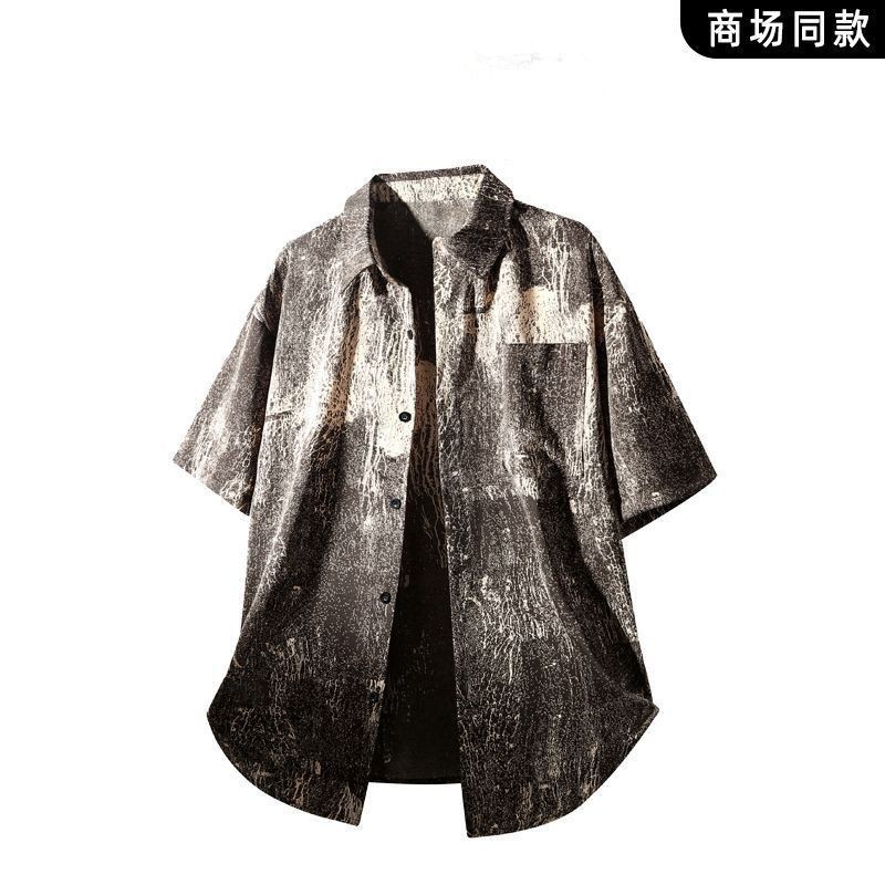 Tie-Dye Mỏng Phong Cách Ice Silk Thoáng Mát Tay Ngắn Áo Khoác Mỹ Mùa Hè Dạo Phố Mặc Áo Sơ Mi Dáng Rộng Ruffian Đẹp Trai