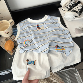 Bộ áo vest và quần short trẻ em mùa hè mới cho bé trai, áo phông không tay họa tiết hoạt hình sọc, bộ hai mảnh