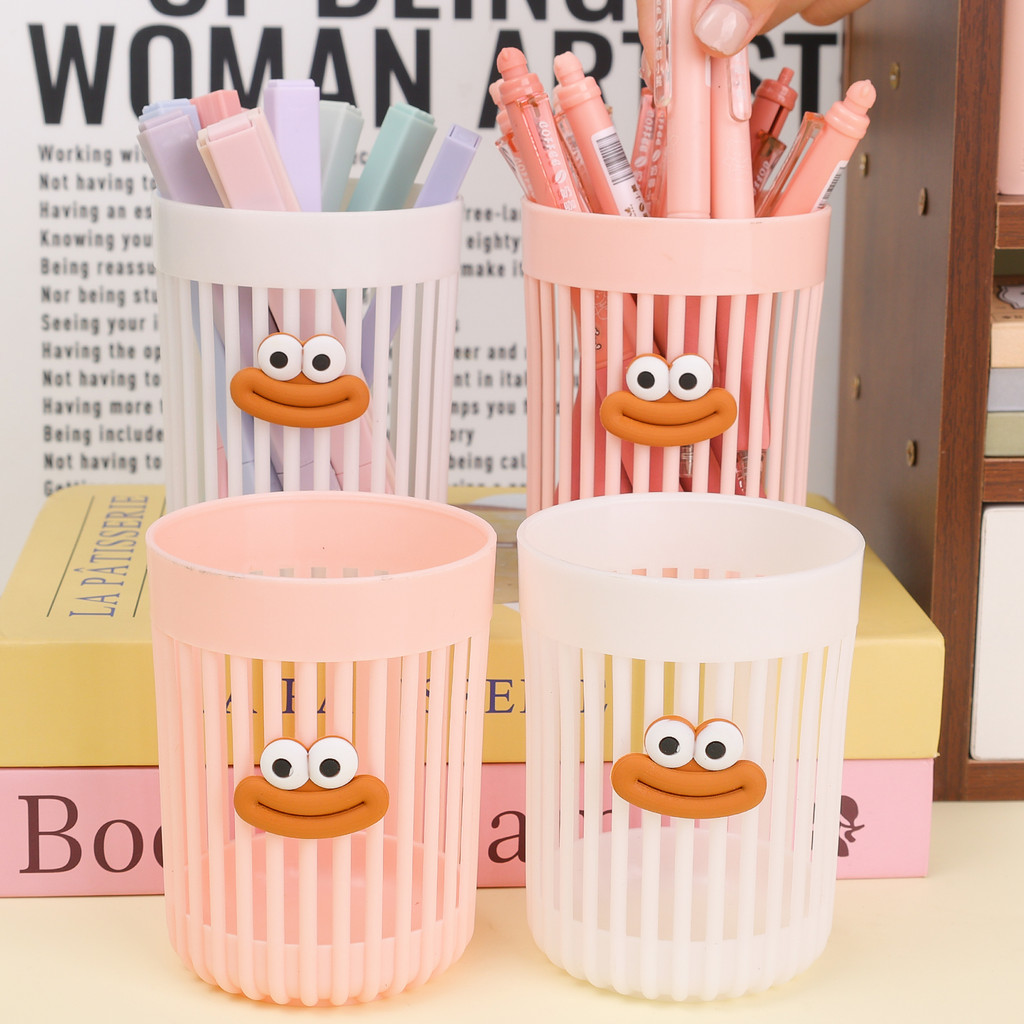 [H & L] Dụng cụ sắp xếp máy tính để bàn rỗng có thiết kế xuyên thấu, Bút nhựa / Hộp đựng bút chì cho trường học & văn phòng, Hộp đựng đồ dễ dàng truy cập (Trắng + Hồng)