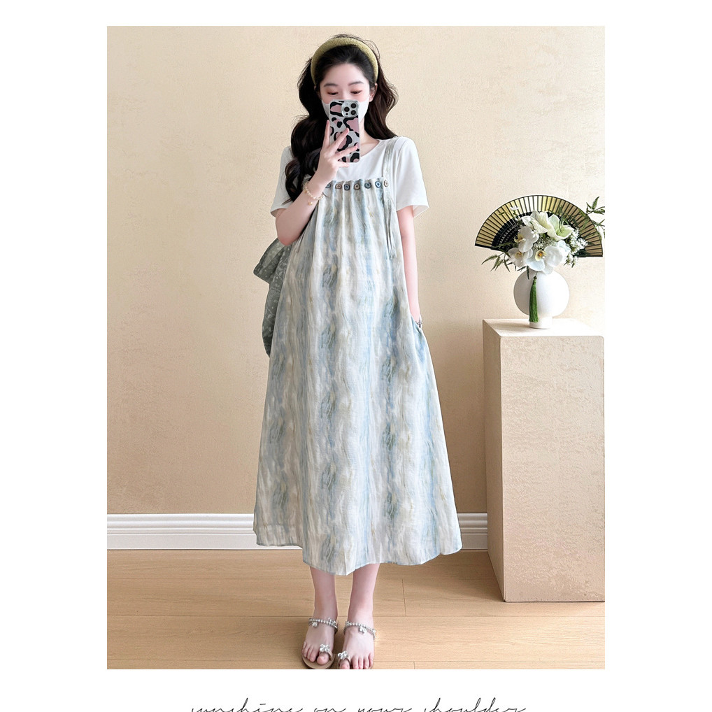 Trang phục bà bầu mùa hè phiên bản Hàn Quốc tie-dye khâu hai mảnh giả