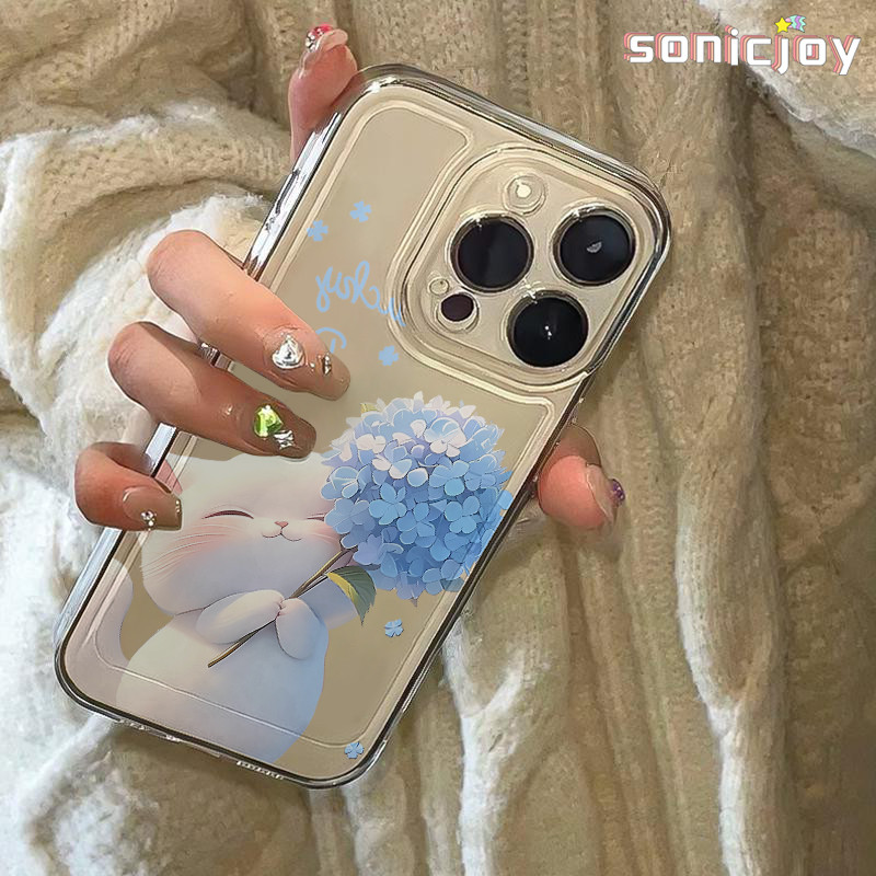 Ốp lưng Trong Suốt Hoa Xanh Mèo Trắng Thích Hợp Cho IPhone 11 12 13 14 15 16 Pro Max X XR XS Max 7Plus 8Plus Ốp Silicon Trong Suốt Thời Trang-SY - ảnh 1