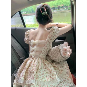 Váy Phồng Công Chúa Đào Tẩu Váy Bánh Bèo Hở Lưng Nơ Tay Phồng Kiểu Pháp Cho Nữ Váy Hoa Nhỏ Tôn Dáng Gầy Chít Eo