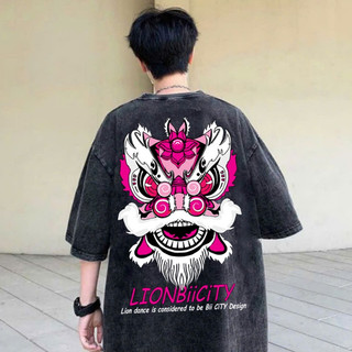 LOCAL BRAND Áo thun Wash Đầu Lân Phong Cách Unisex Form Rộng / Áo thun Đầu Lân Phông Màu Phong Cách Âu Mỹ
