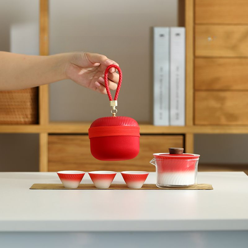 Bộ trà gốm thủy tinh màu Gradient Một nồi ba cốc có túi Bộ trà du lịch di động Bộ trà giải trí văn phòng Bộ trà Trung Quốc Quà tặng ngày lễ