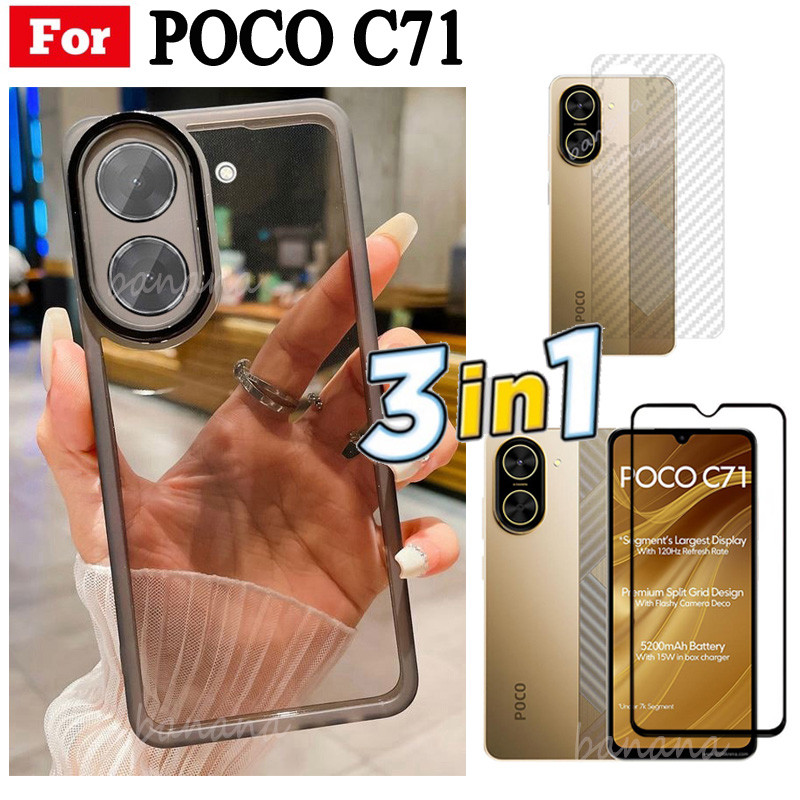 Vỏ điện thoại trong suốt bằng silicon mềm TPU 3 trong 1 Poco C71 có vỏ bảo vệ Camera + Kính cường lực bảo mật + Phim mặt sau