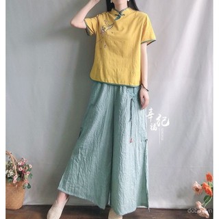 Áo blouse cài nút phong cách Trung Quốc cho phụ nữ, thêu cotton lanh, trang phục lấy cảm hứng từ châu Á cho phụ nữ, áo phong cách dân tộc
