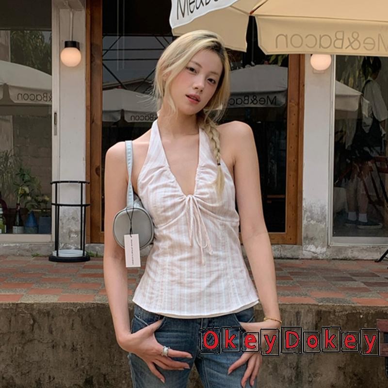 OKDK-Nữ Sọc Dây Xe Tăng Áo Ôm Buộc Thấp Cắt Không Tay Mở Lưng Crop Top Mùa Hè