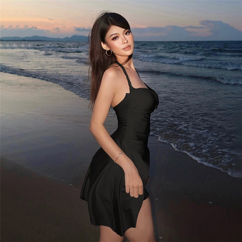Klalien Thanh Lịch Mini Đầm Dây Không Tay Lưng Hình Eo Skinny 3D Vỏ Màu Trơn Đơn Giản Gợi Cảm Phong Cách Kỳ Nghỉ