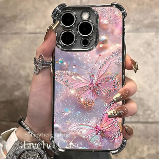 Vỏ mạ sang trọng hình bướm pha lê màu hồng Ins Hàn Quốc cho IPhone 16 11 12 13 14 15 16E Pro Xs Max X Xr 7 8 Plus SE Vỏ điện thoại TPU mềm Vỏ bảo vệ chống rơi Vỏ chống sốc