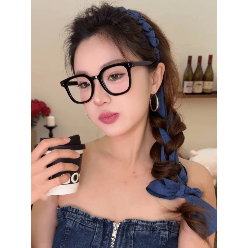 Đenim Xanh Streamer Mùa Hè Mới Thoáng Mát Xoắn Nút Thắt Lưng Cô Gái Ngọt Ngào và Cay Băng Đô Full Răng Lược