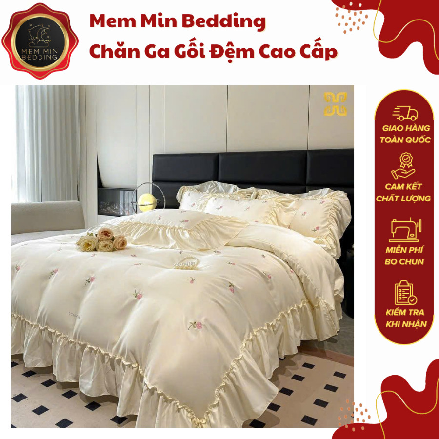 (ST373)Bộ Chăn Ga Gối Tiểu Thư Viền Bèo Xinh Xắn Chất Vải Mềm Mượt,Thoáng Khí - Memminbedding Luxury