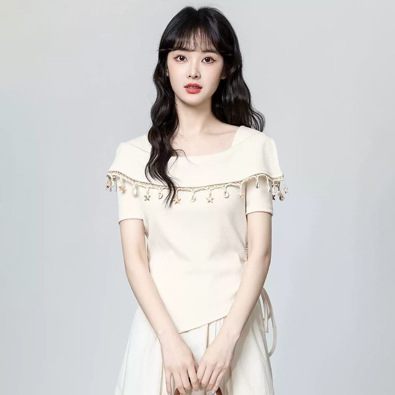 Áo Thun nữ Phong Cách Bohemian Mùa Hè 2025 Tay Ngắn Tua Rua Thiết Kế eo Hẹp Mỏng Hơn Nhìn Top