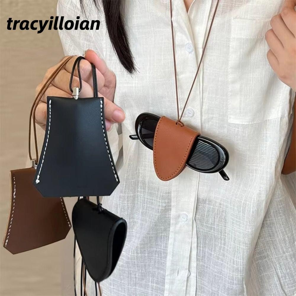 Kẹp kính râm TRACELIOIAN, mặt dây chuyền túi đựng kính mắt bền bằng da, unisex đa chức năng lưu trữ đơn giản