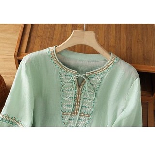 Nữ Mùa Hè Vải Lanh Cotton Thêu Retro Áo Sơ Mi 3/4 Tay Rời Plus Size Mỏng