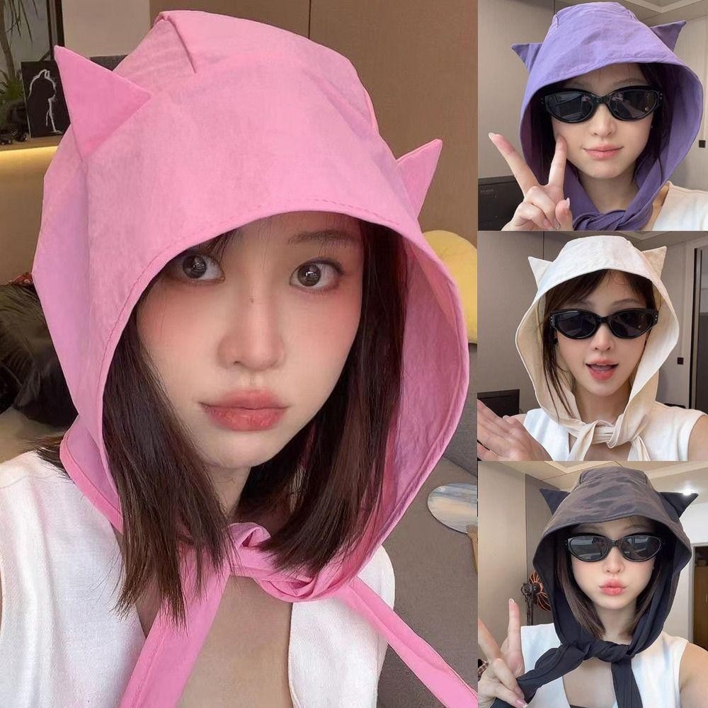 Mũ Quỷ Nhỏ HOBBYIN, Mũ Chui Đầu Phối Ren Phong Cách, Khăn Choàng Thời Trang Hình Màu Trơn Nhanh Khô Y2K Mũ Y2K Thời Trang Y2K