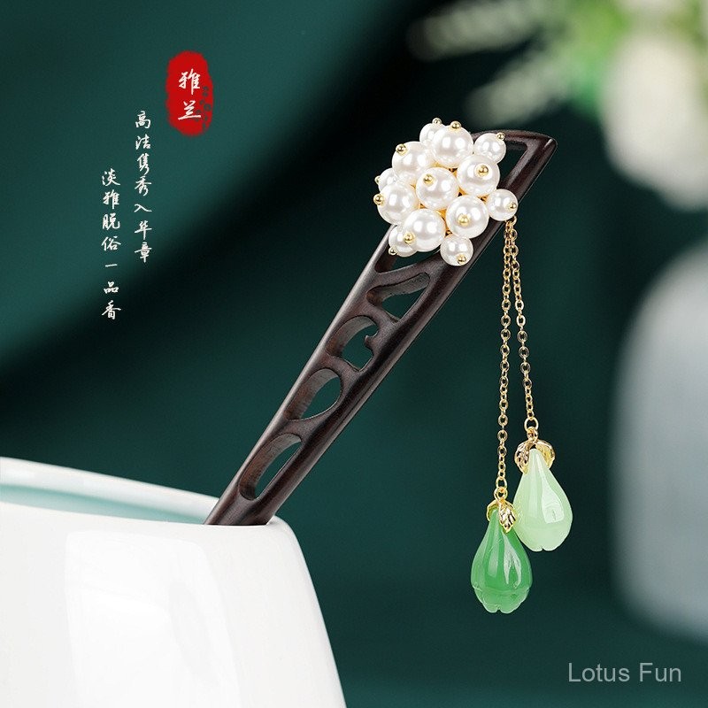 Kẹp tóc gỗ Đàn hương đen phong cách Trung Quốc mới, hoa Yalan giọt nước tua rua Hán phục, phụ kiện sườn xám, phụ kiện tóc đơn giản